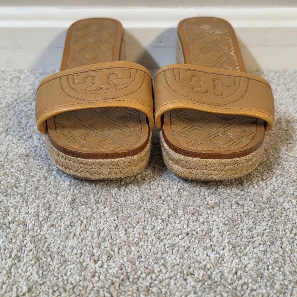 Tory Burch Fleming Espadrille Tan Leather Logo Slides Sandals Womens Size 7.5